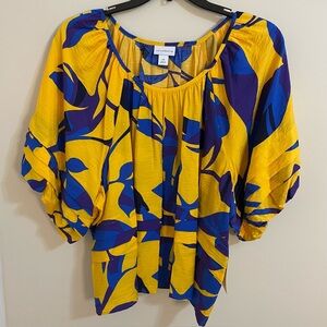 Liz Claiborne Marigold Blue Purple Puff Short Sleeve Dress Blouse Wm Plus Sz 3X